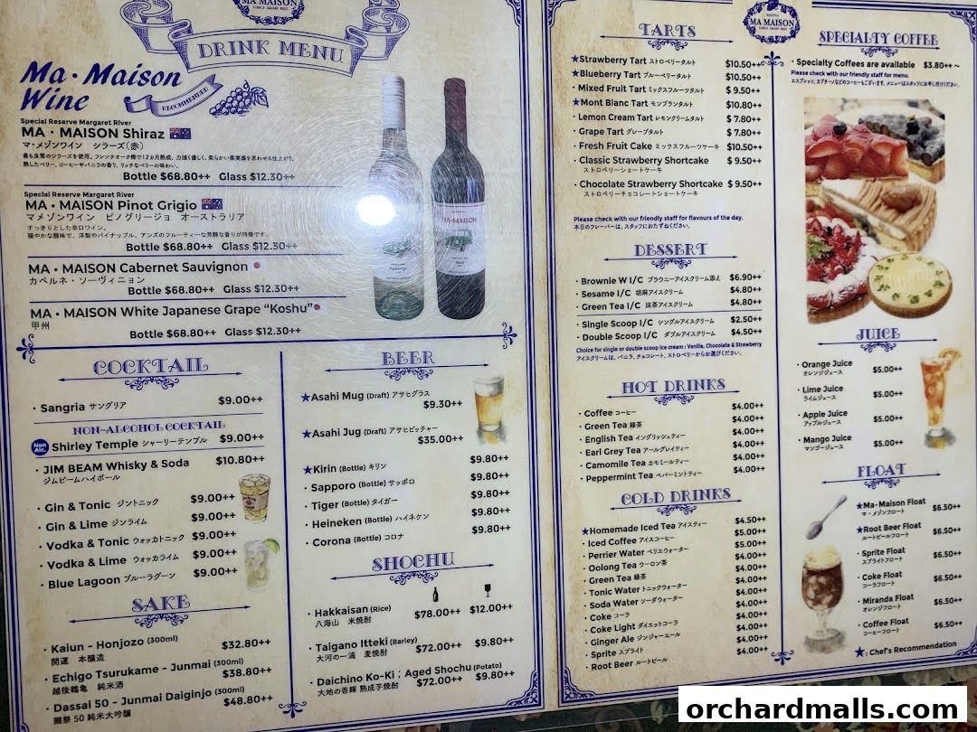 A drink menu from Ma Maison featuring wines, cocktails, beers, sake, tarts, desserts, hot and cold drinks.