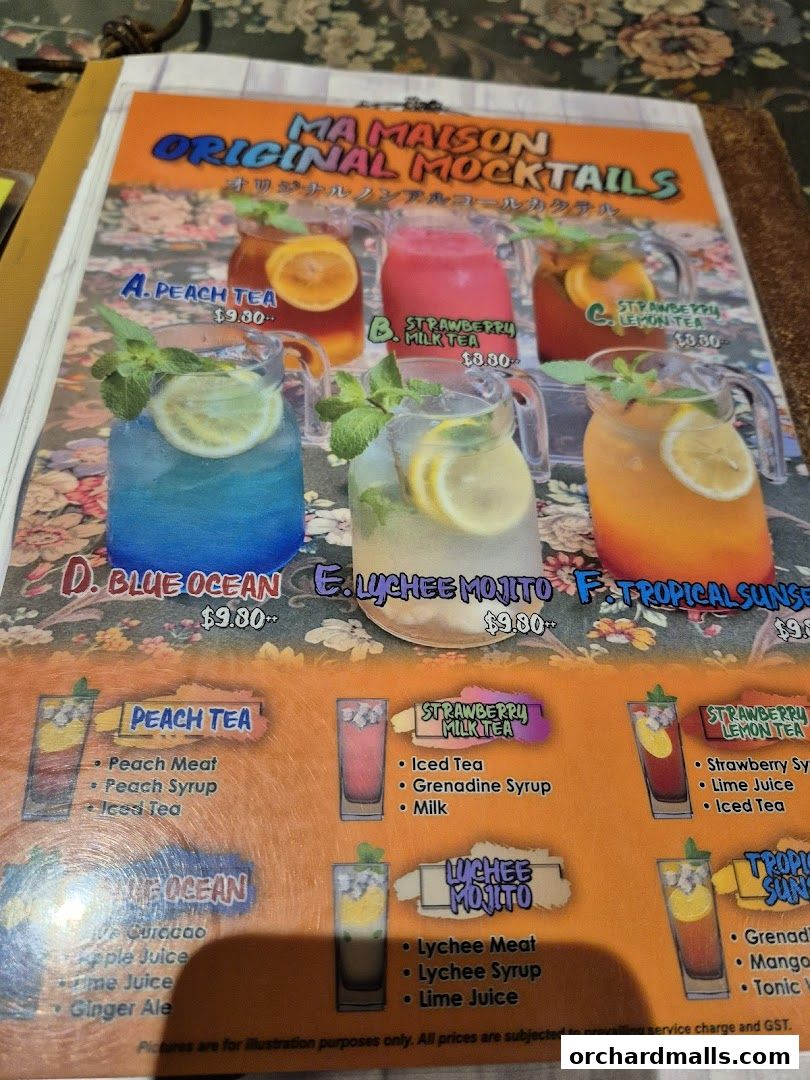 A menu page showcasing colorful original mocktails with their ingredients and prices.