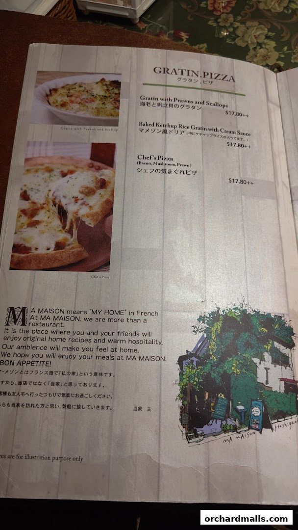 A menu page from Ma Maison restaurant featuring gratin and pizza dishes with images.