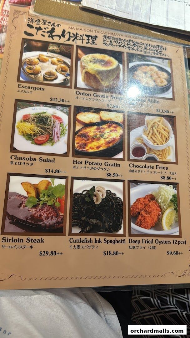 A menu from Ma Maison featuring various dishes like escargots, steak, and pasta.