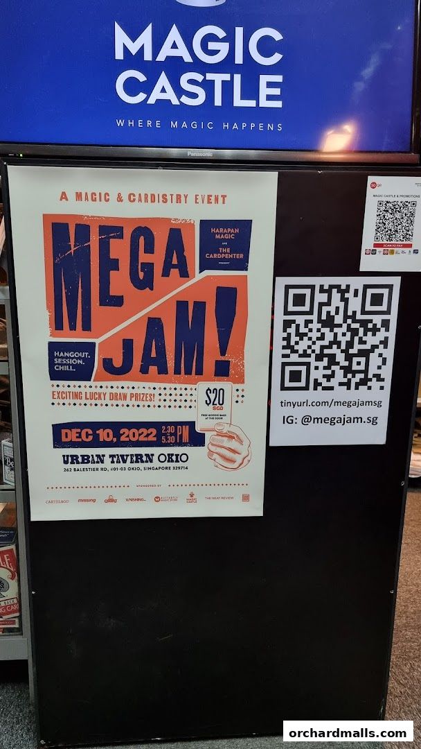 A poster for a magic and cardistry event called Mega Jam at Magic Castle Singapore.