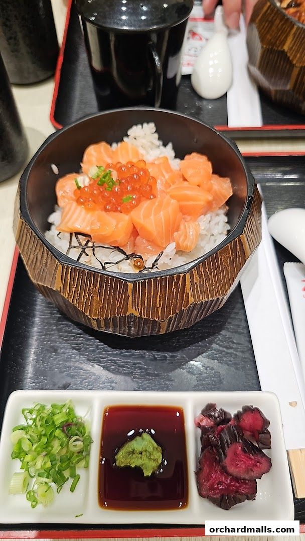 A bowl of salmon sashimi over rice with accompaniments like chopped scallions, wasabi, and pickles.