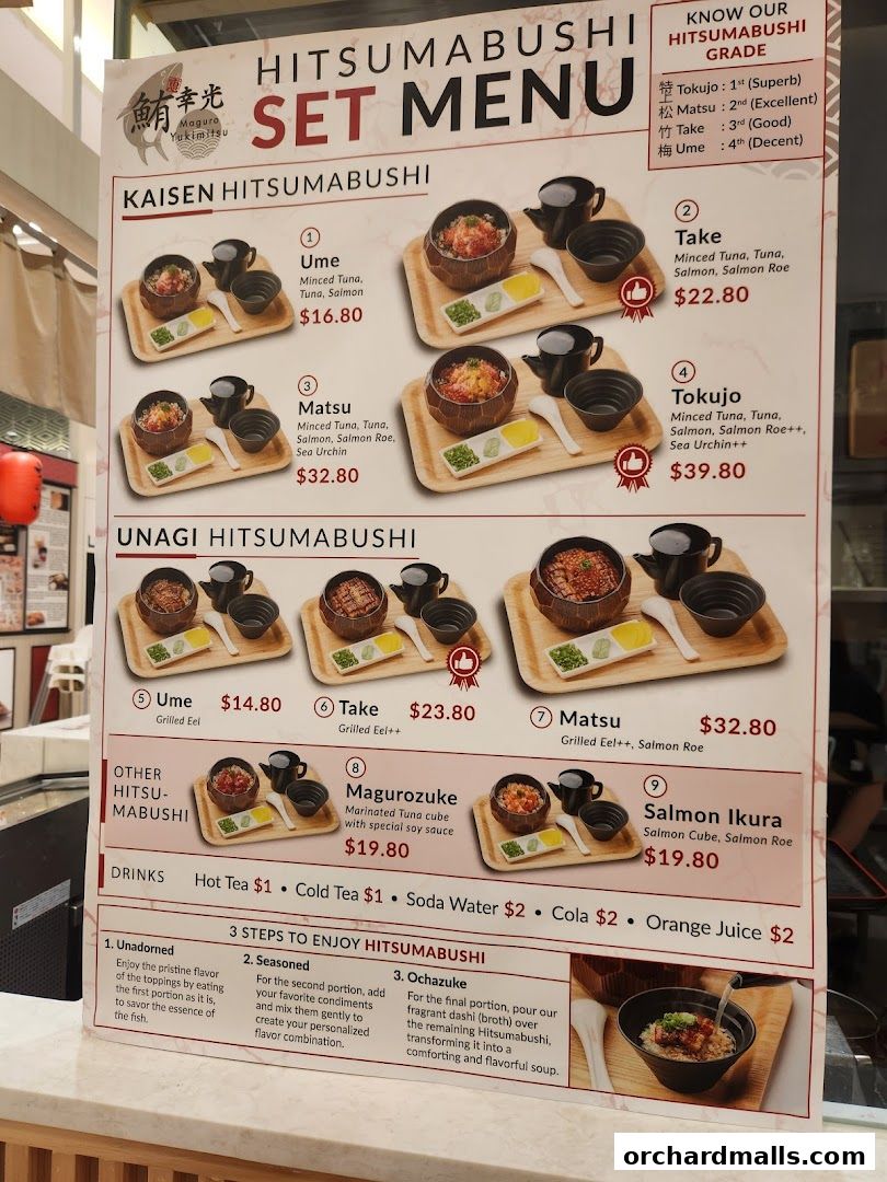 A menu for Maguro Yukimitsu featuring Hitsumabushi sets and drinks.