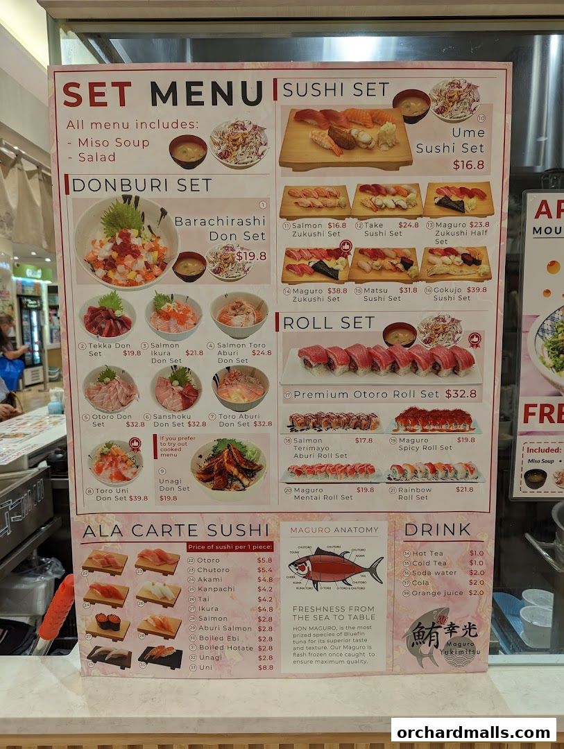A menu board displaying various sushi sets, donburi, roll sets, ala carte sushi, and drinks.