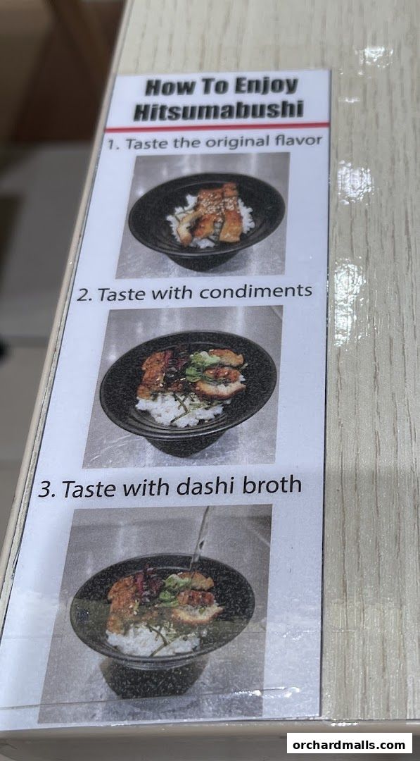 Instructions on how to enjoy Hitsumabushi, a Japanese dish, in three steps.