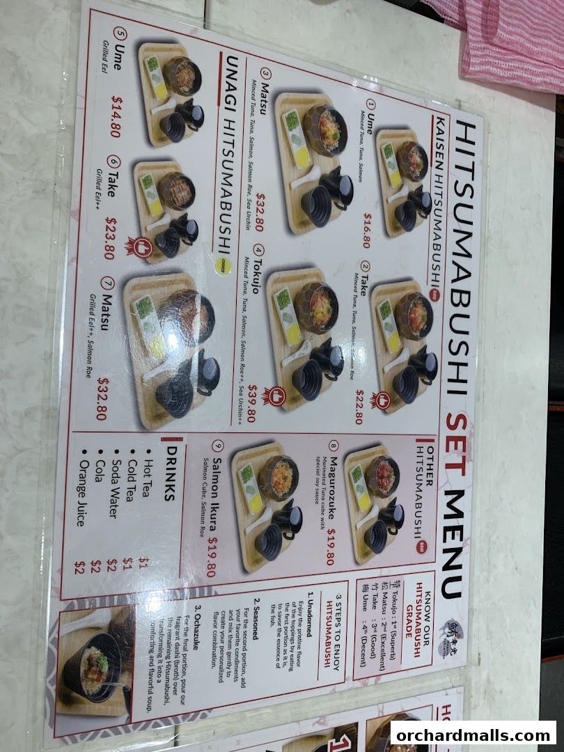 A menu for Hitsumabushi set meals and drinks, featuring various seafood options.