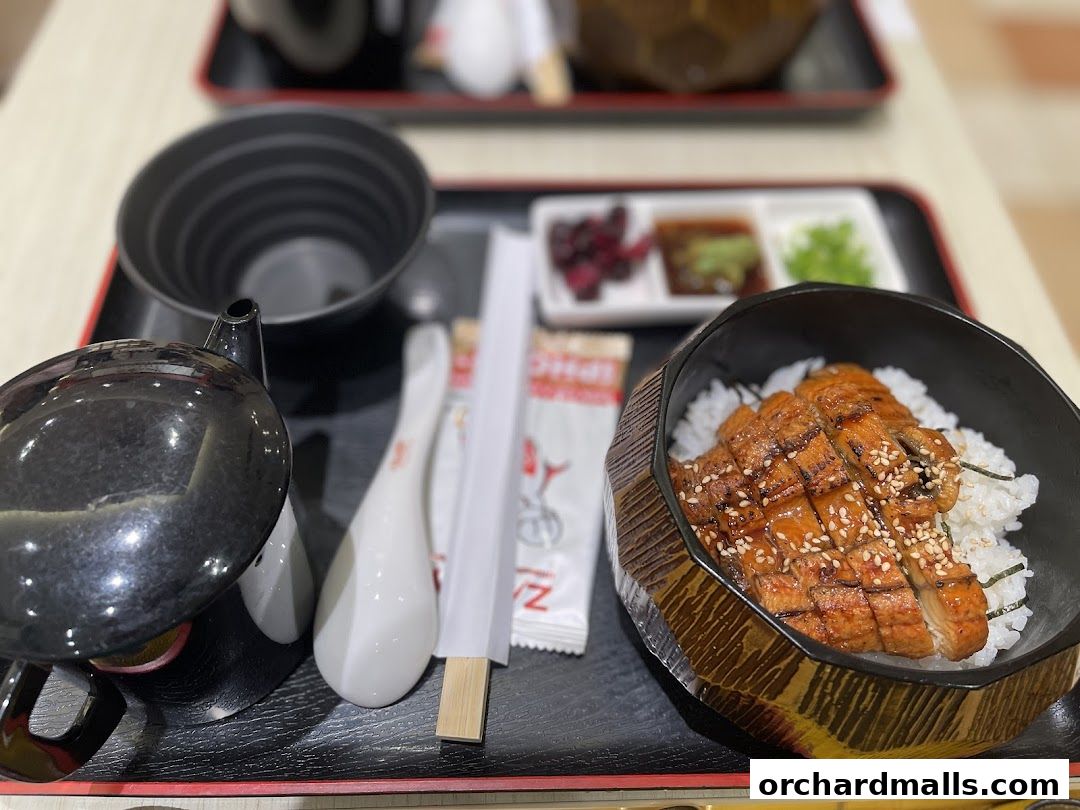 A close-up of a delicious unagi donburi with rice, served with side dishes and tea.