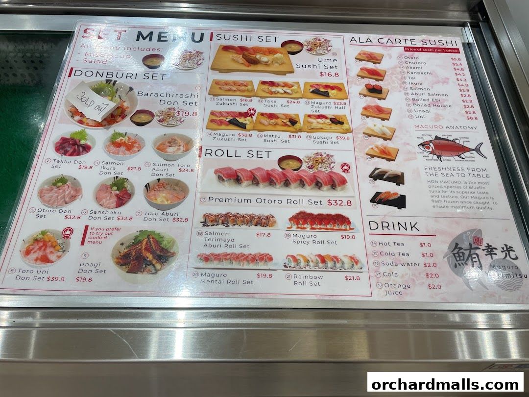 A menu board displaying various sushi sets, donburi bowls, roll sets, and a la carte sushi options.