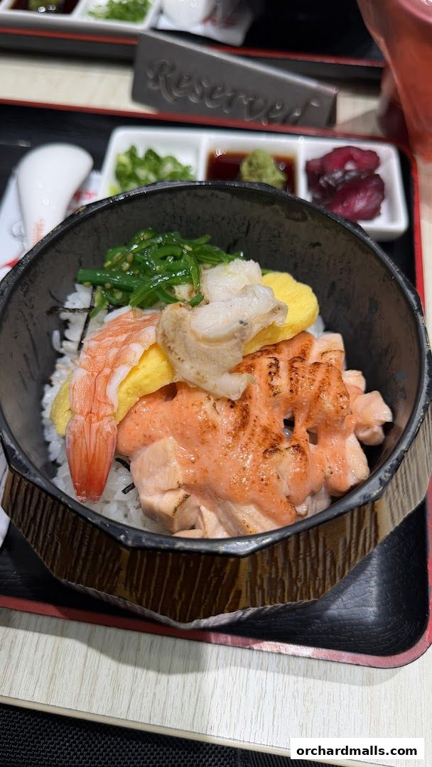 A bowl of rice topped with salmon, shrimp, egg, and seaweed.