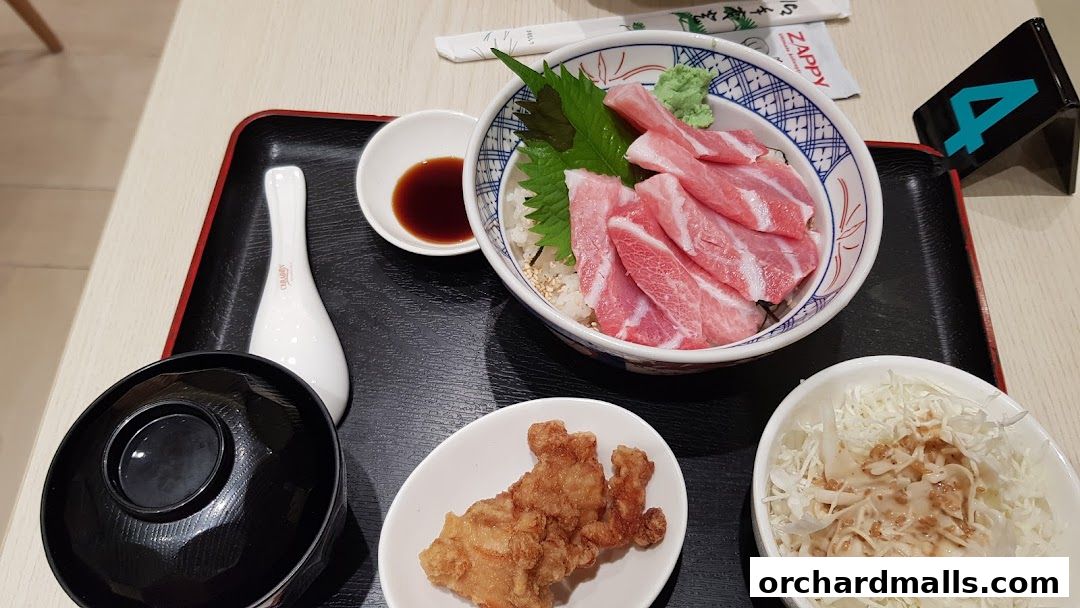 A delicious tuna donburi with fried chicken and a side of shredded cabbage.