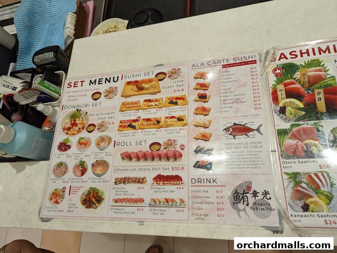 A menu for Maguro Yukimitsu, featuring sushi sets, donburi, rolls, sashimi, and drinks.