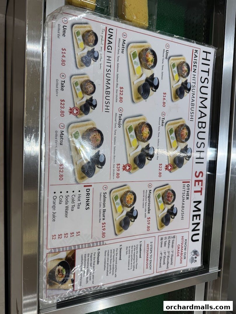 A menu for Hitsumabushi set meals and drinks with prices and descriptions.
