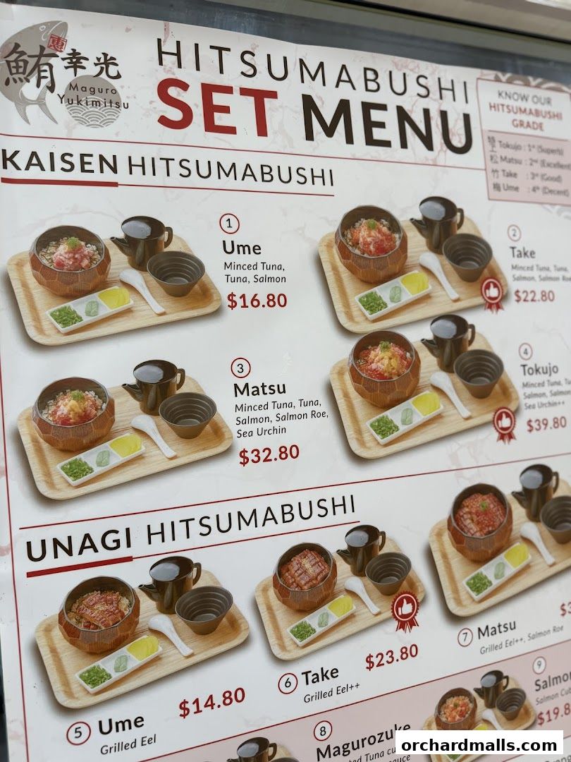 A menu for Maguro Yukimitsu featuring Kaisen and Unagi Hitsumabushi sets.