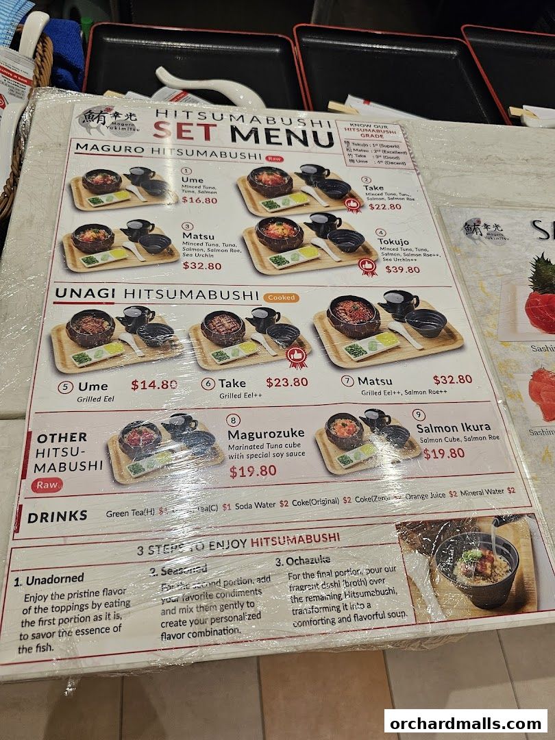 A menu for Maguro Yukimitsu featuring Hitsumabushi set meals with tuna and eel options.