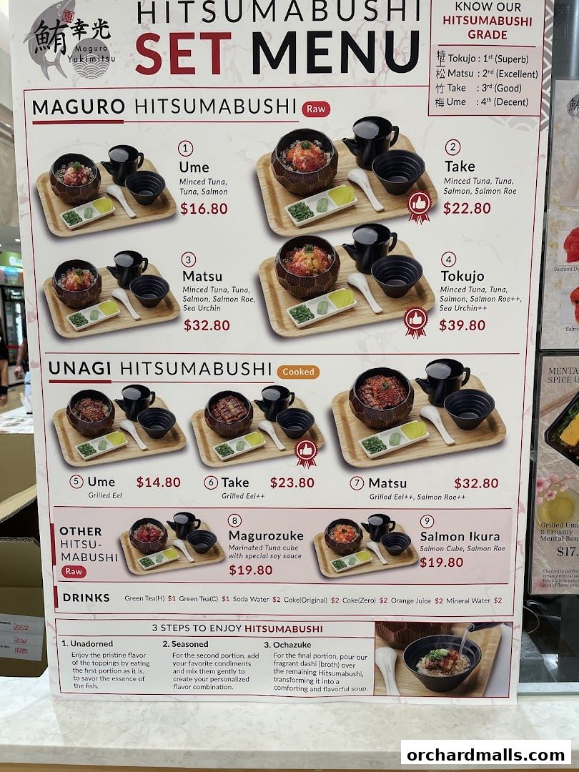 A menu for Maguro Yukimitsu featuring Hitsumabushi sets with tuna and eel options.
