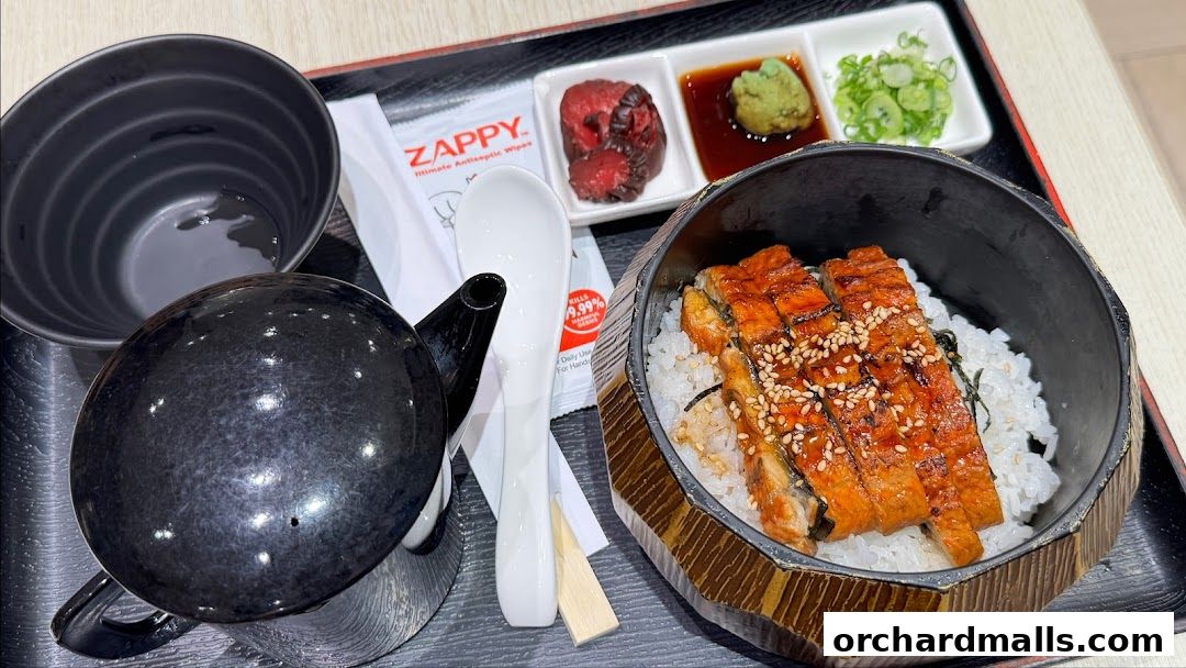A delicious Unagi Donburi served with pickles, wasabi, and chopped scallions.