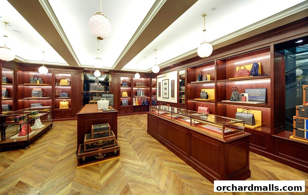 Interior view of a luxury handbag store with display shelves and cases.