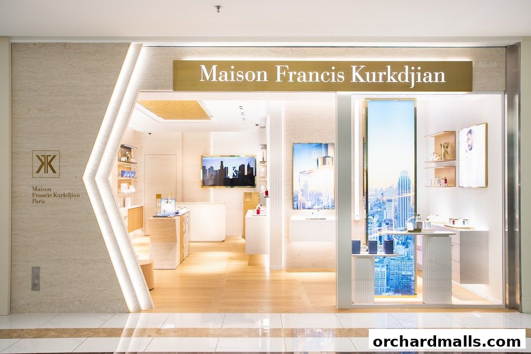 The elegant entrance of Maison Francis Kurkdjian Ngee Ann City Store, showcasing perfumes and luxurious displays.