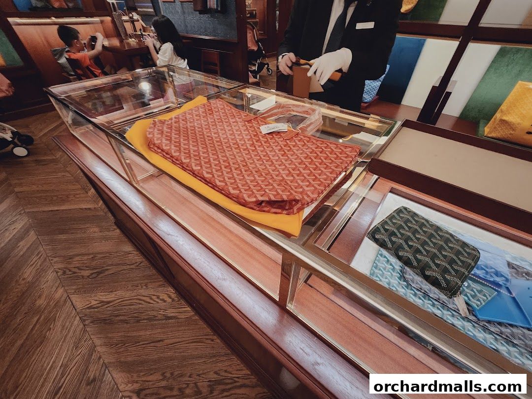 Goyard bags and accessories displayed in a luxury store's glass display cases.