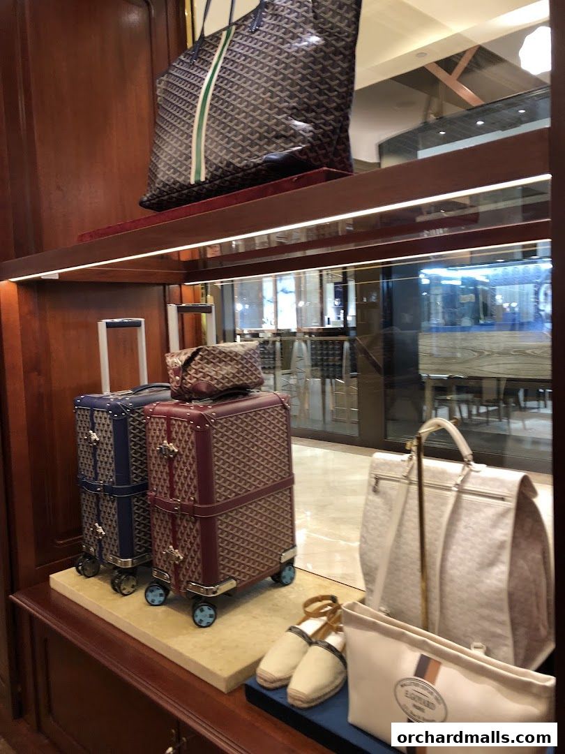 Goyard luxury luggage and accessories displayed in a shop window.