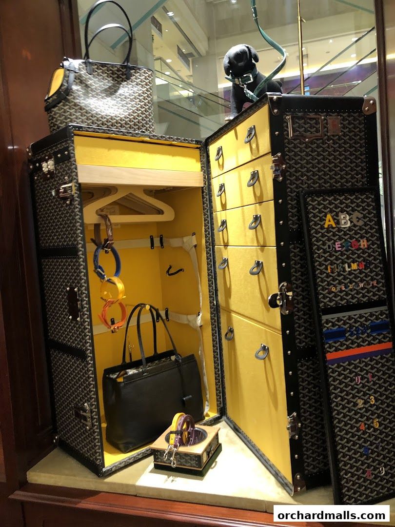 Goyard trunk display featuring pet accessories and handbags.