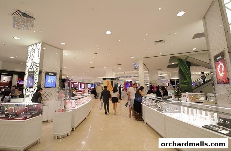 Interior view of a well-lit jewelry store with display cases and customers browsing.