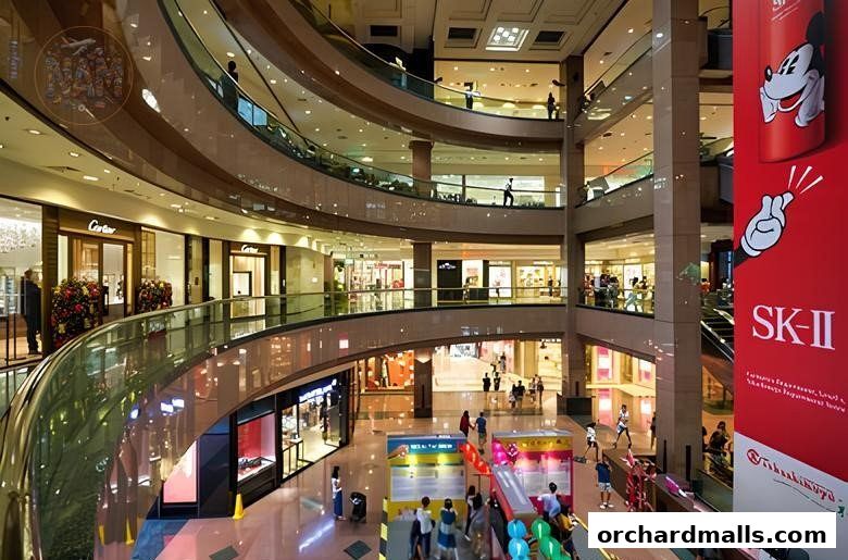 Interior view of a multi-level shopping mall with various stores and escalators.