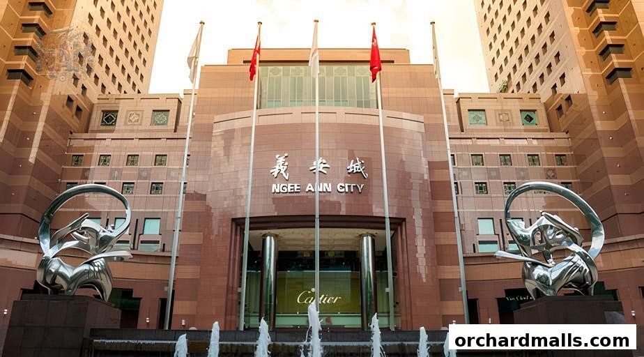 Exterior of Ngee Ann City mall featuring sculptures and the Cartier store.