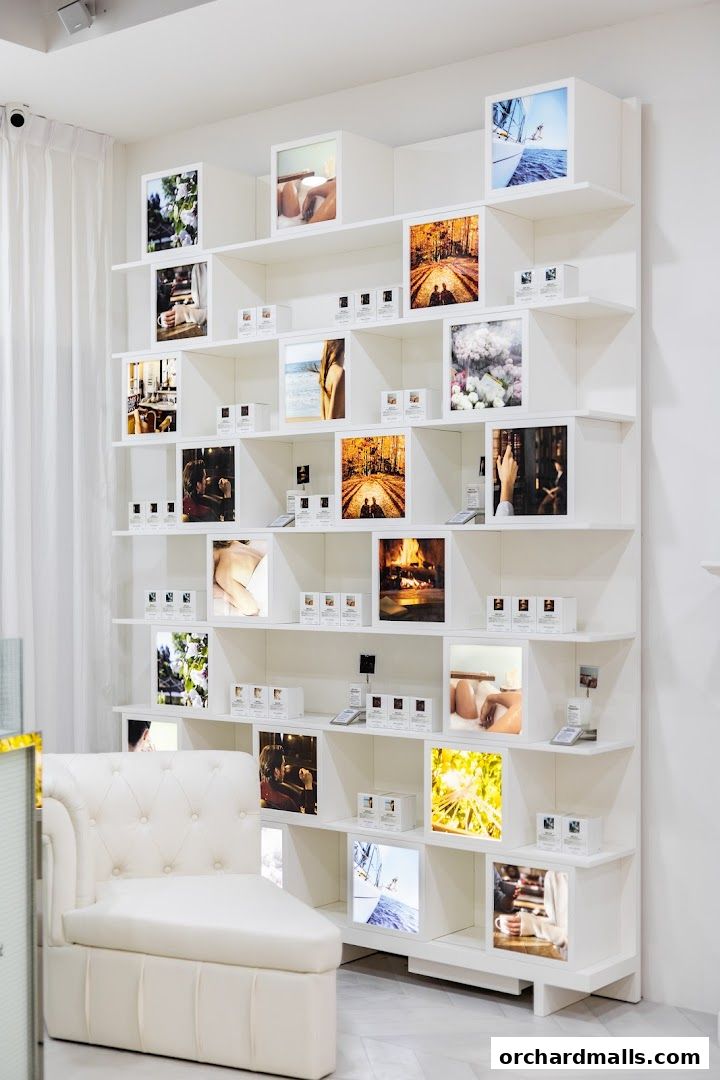 Maison Margiela shop interior with a white tufted chaise lounge and display shelves.