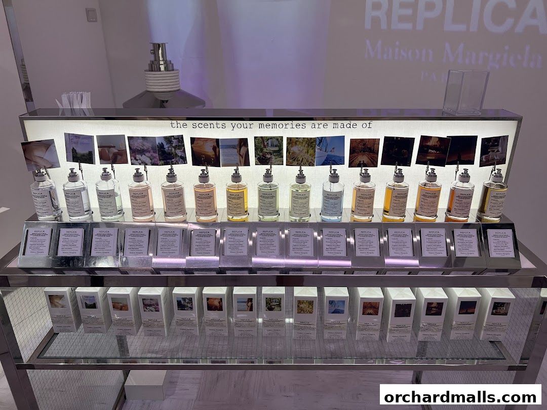 Maison Margiela REPLICA fragrances displayed with evocative imagery and product descriptions.