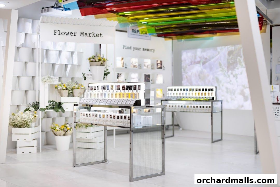 Maison Margiela store interior featuring Replica fragrances and floral displays.