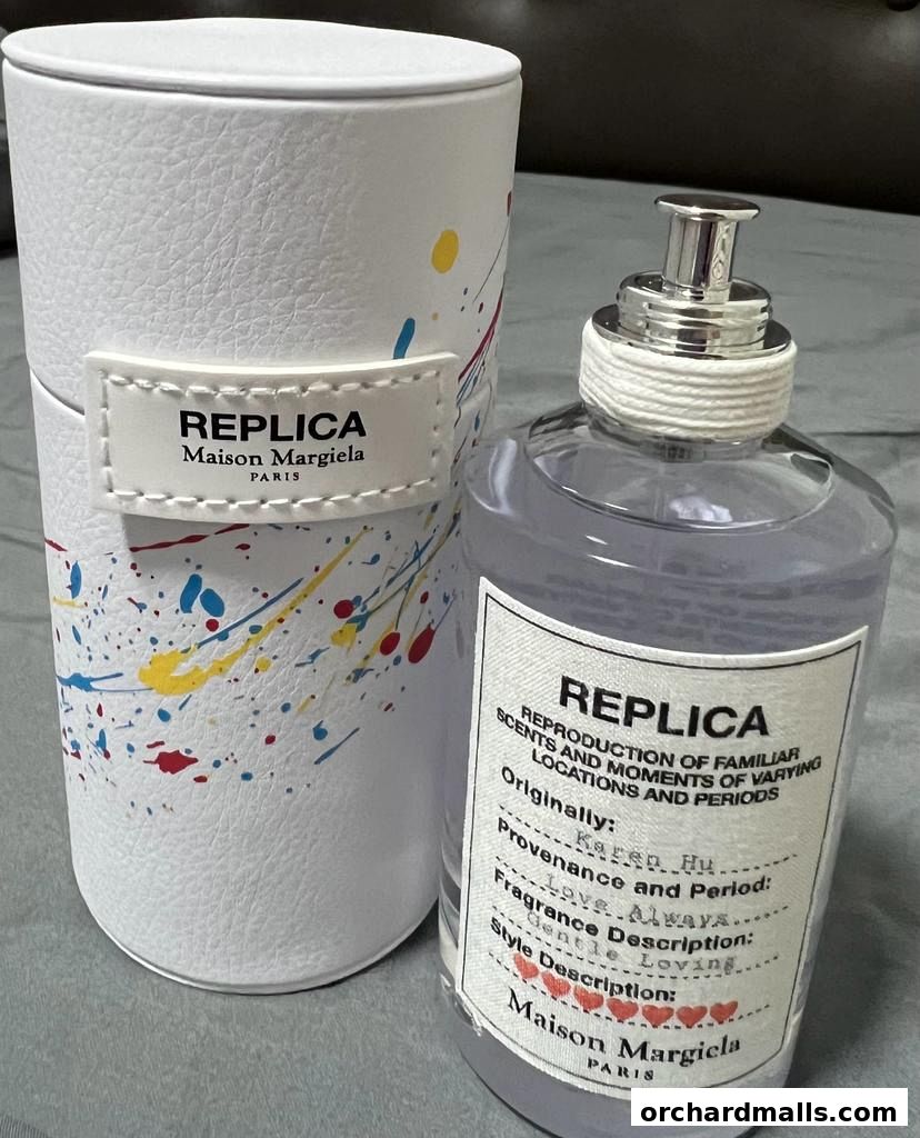 Maison Margiela REPLICA perfume bottle and its paint-splattered cylindrical packaging.