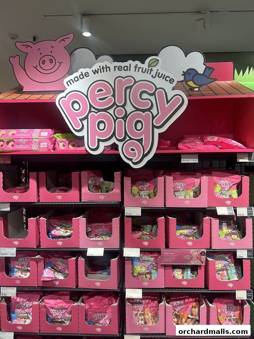 A display of Percy Pig sweets made with real fruit juice.
