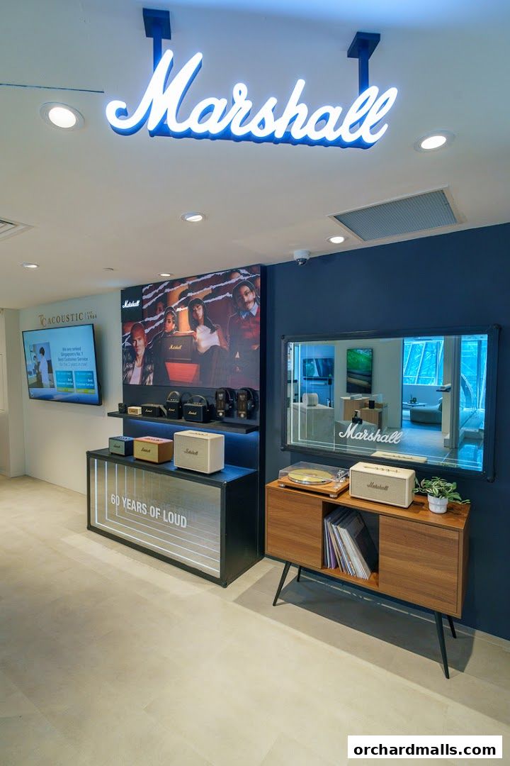 Marshall store interior showcasing audio equipment and branding.