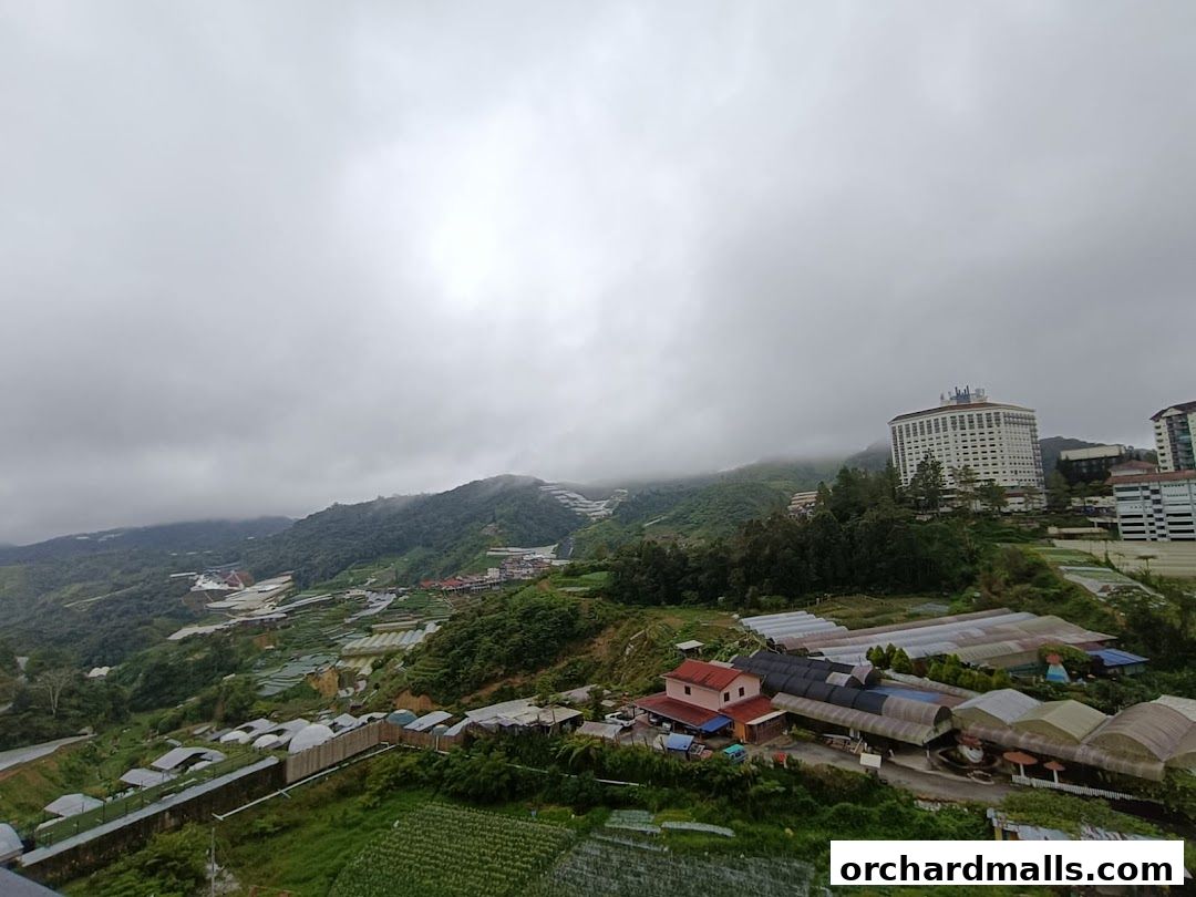 A scenic view of a hillside town with greenhouses and hotels under a cloudy sky.