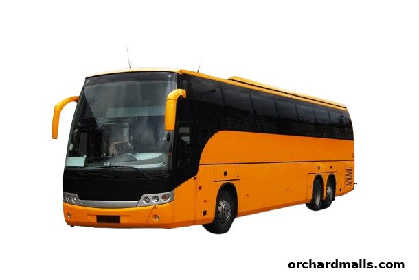 A bright orange and black coach bus with tinted windows.