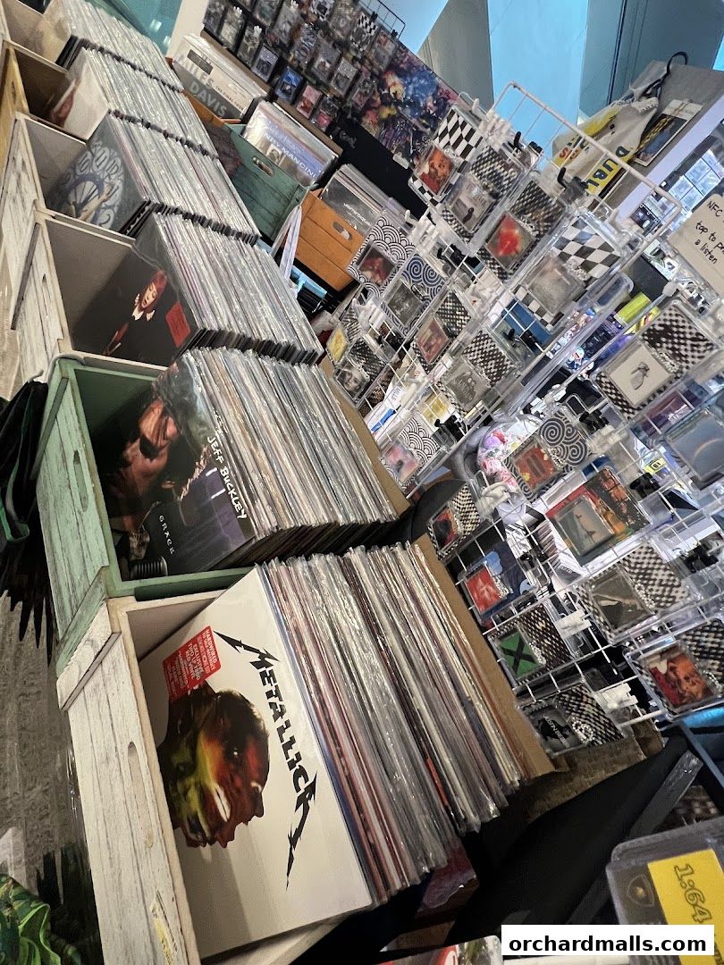 A retail shop displaying rows of vinyl records and various merchandise.