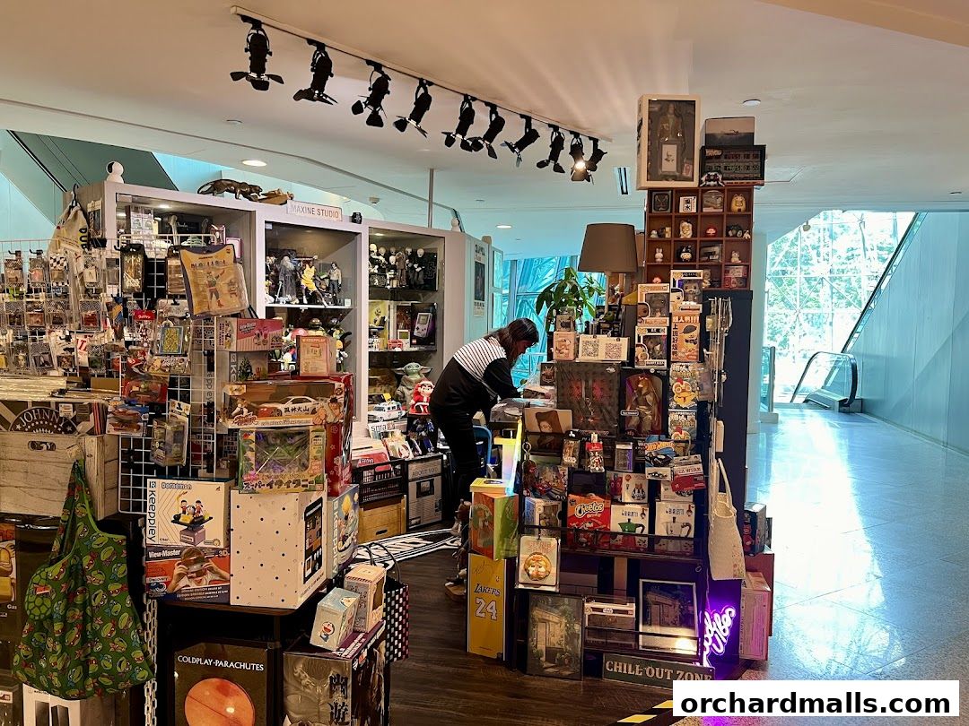 A person browsing a retail store filled with collectibles, toys, and novelty items.