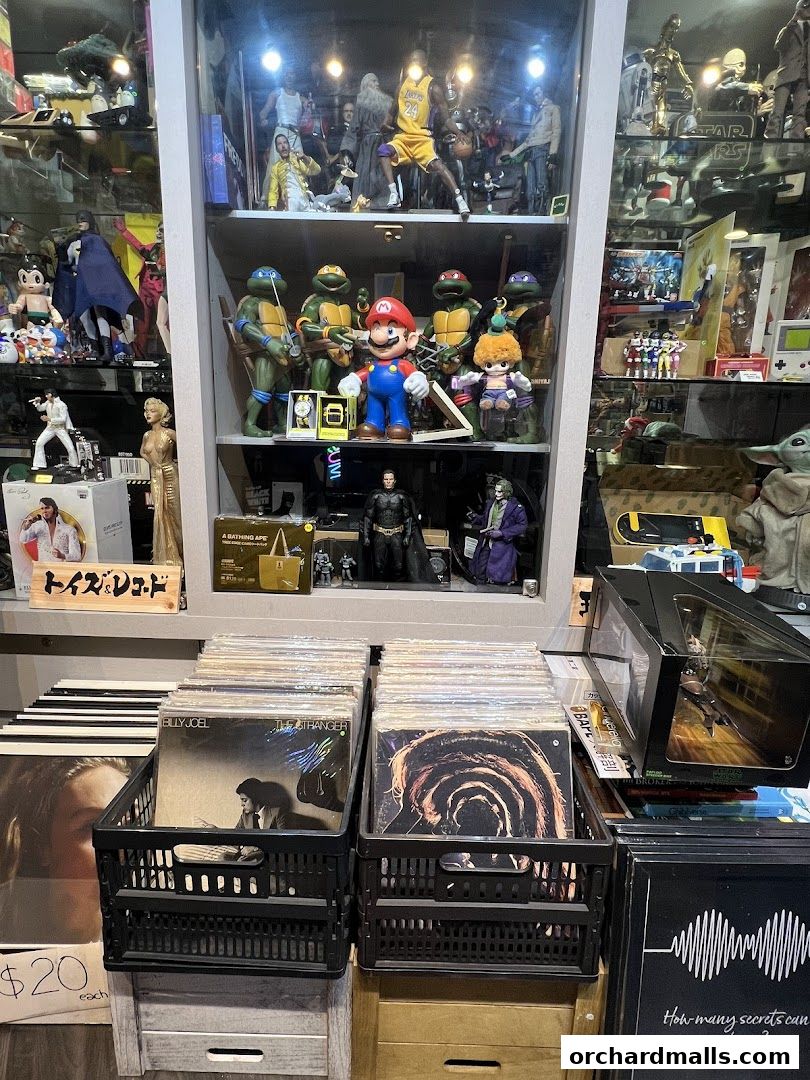 A retail shop displaying a collection of action figures, vinyl records, and pop culture memorabilia.