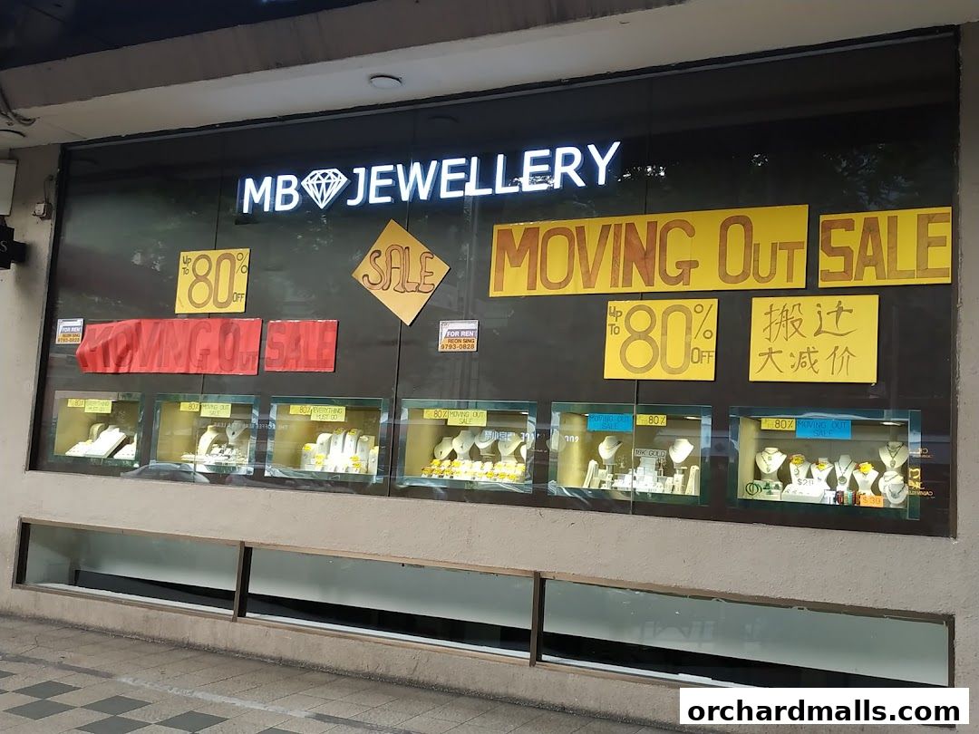 MB Jewellery shop front with a moving out sale up to 80% off.