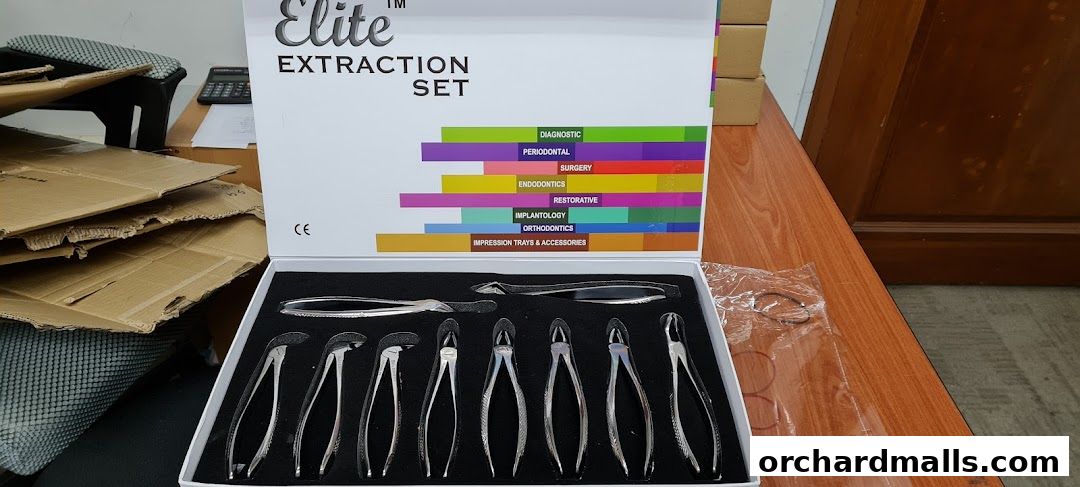 An Elite Extraction Set for dental professionals, featuring various instruments and specialized categories.