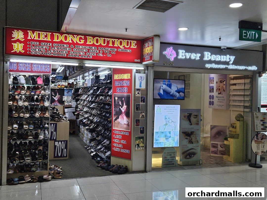 Shopfronts of Mei Dong Boutique selling shoes and Ever Beauty offering beauty services.