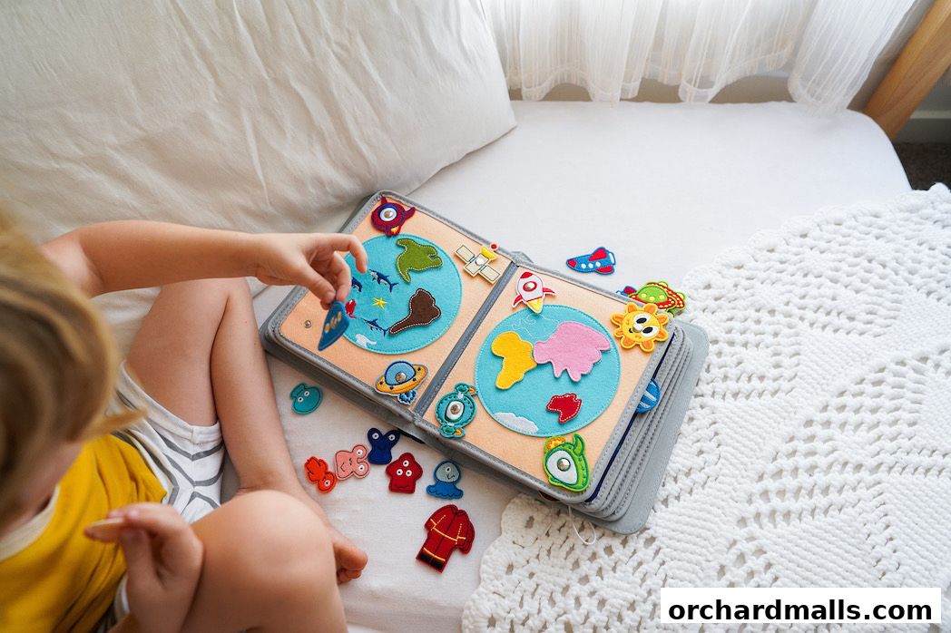A child plays with a felt busy book featuring planets, rockets, and aliens.