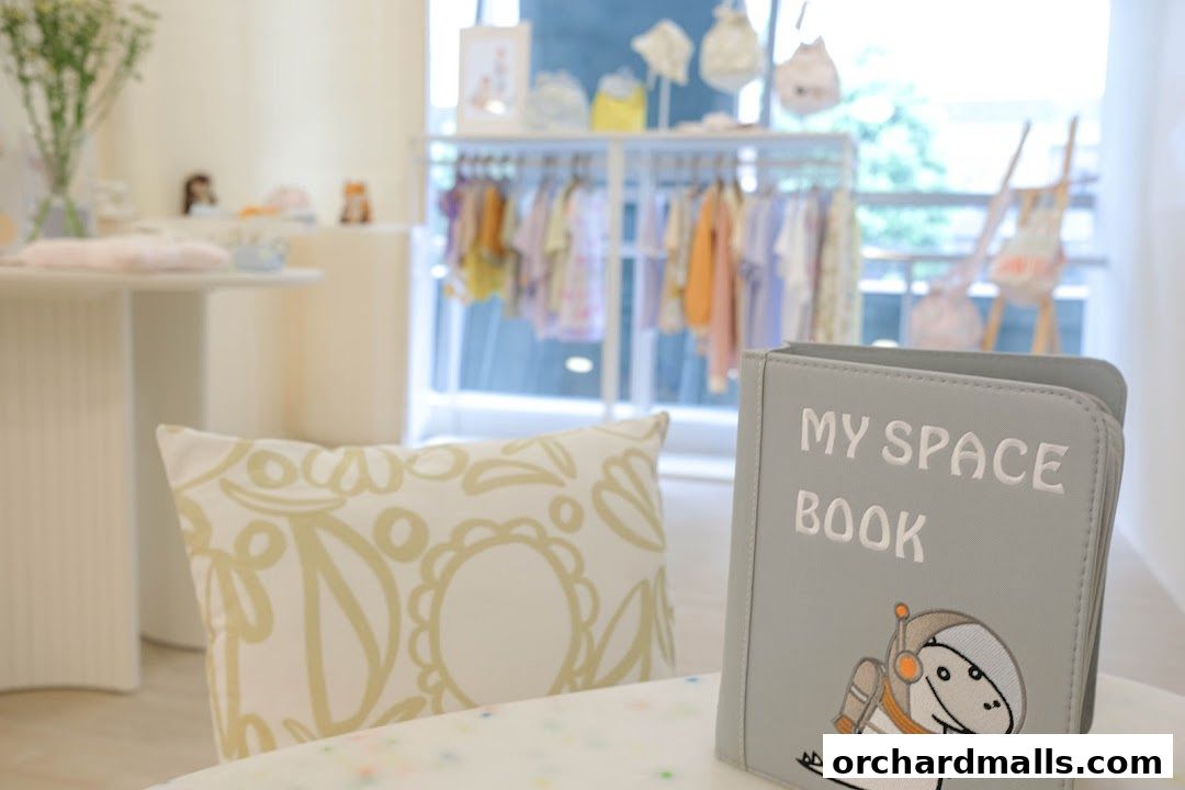 Interior of a children's clothing store with racks of clothes and a decorative book.