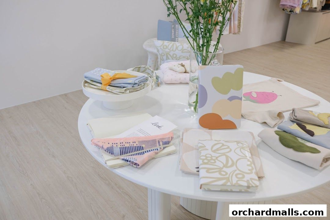 A round table displays folded textiles, notebooks, and a vase of flowers.