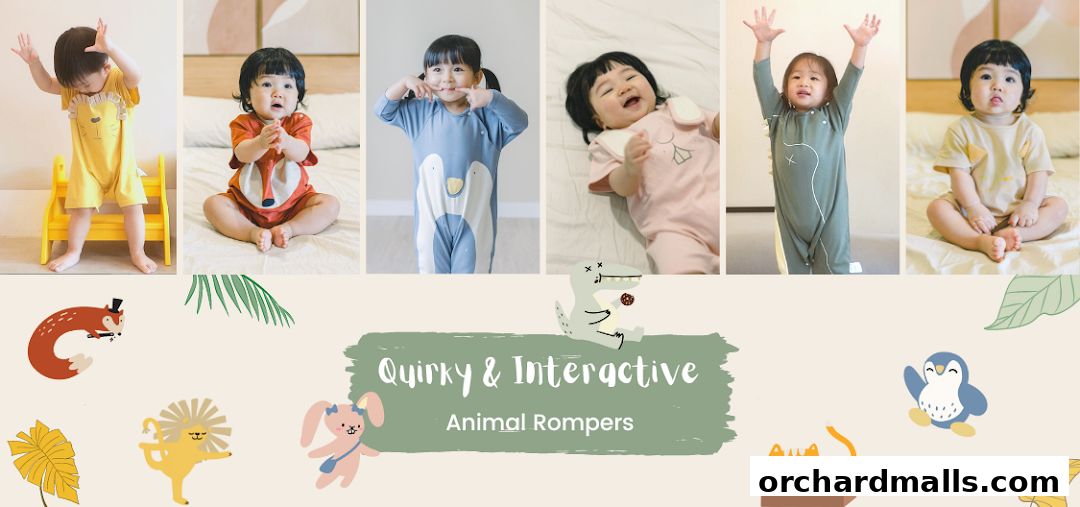 Children modeling cute and quirky animal-themed rompers with playful designs.