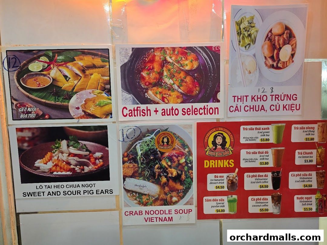 A collage of Vietnamese food and drink menu items with prices.