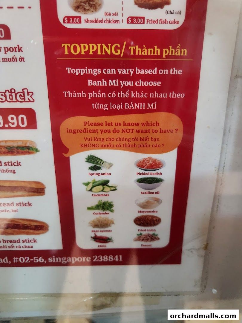 A menu section showing various toppings for Banh Mi, with images and names.