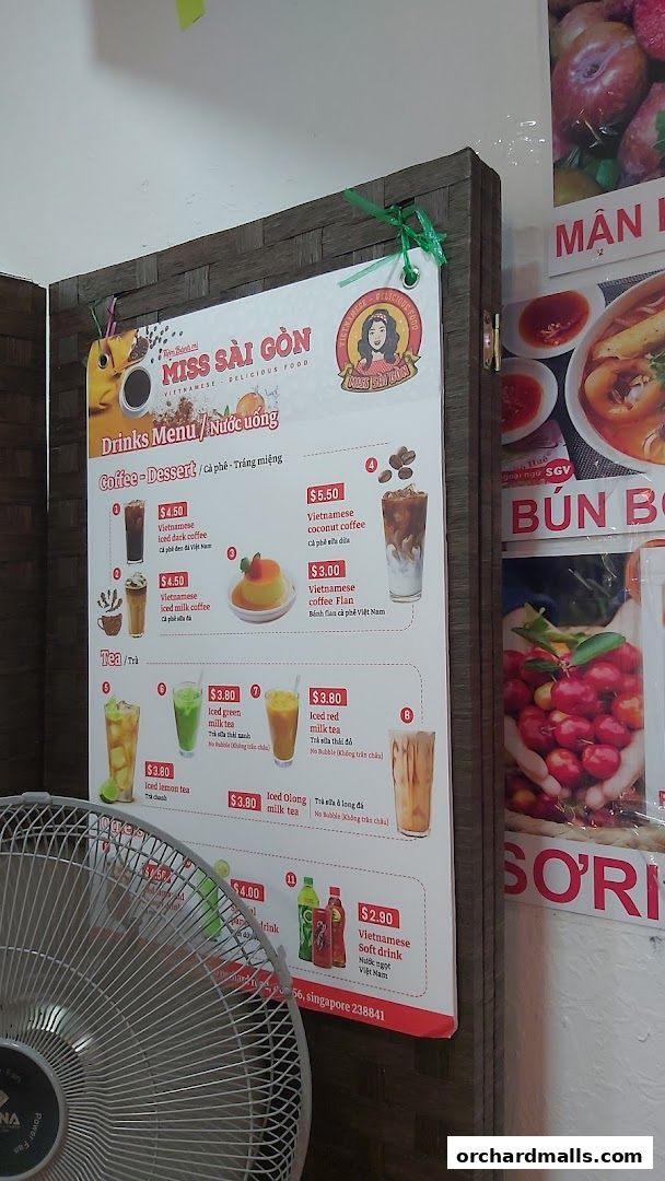 A menu for Miss Saigon Singapore featuring Vietnamese coffee, tea, and soft drinks.