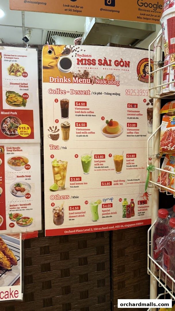 A menu for Miss Saigon Singapore featuring Vietnamese drinks, coffee, desserts, and teas.